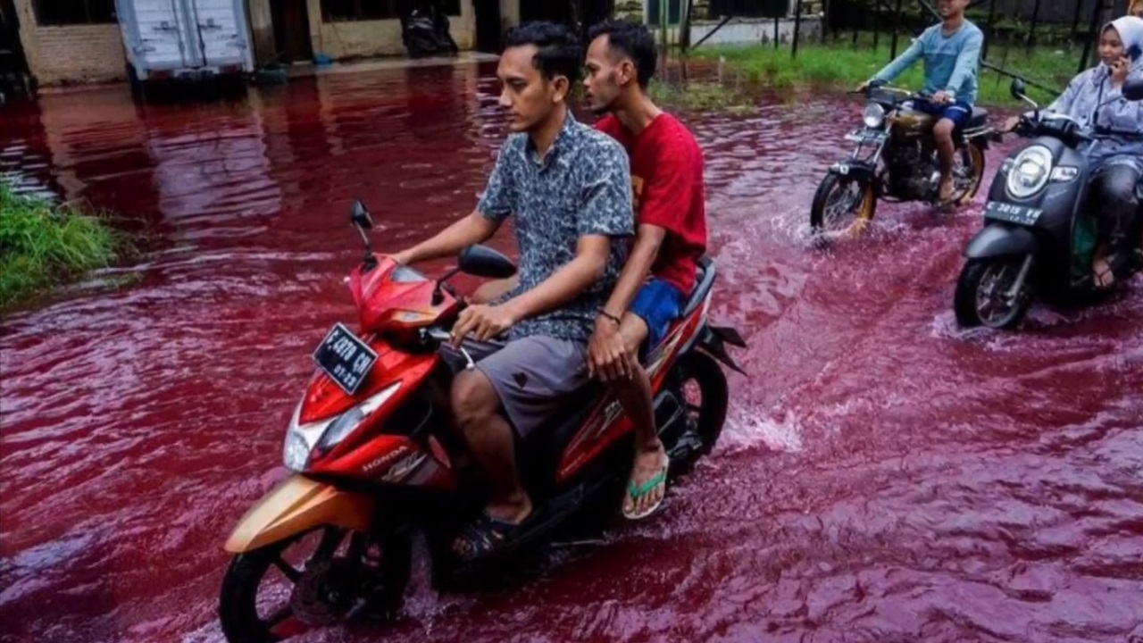 ইন্দোনেশিয়ায় বন্যা: কারখানার লাল রঙে রক্তিম পুরো গ্রাম