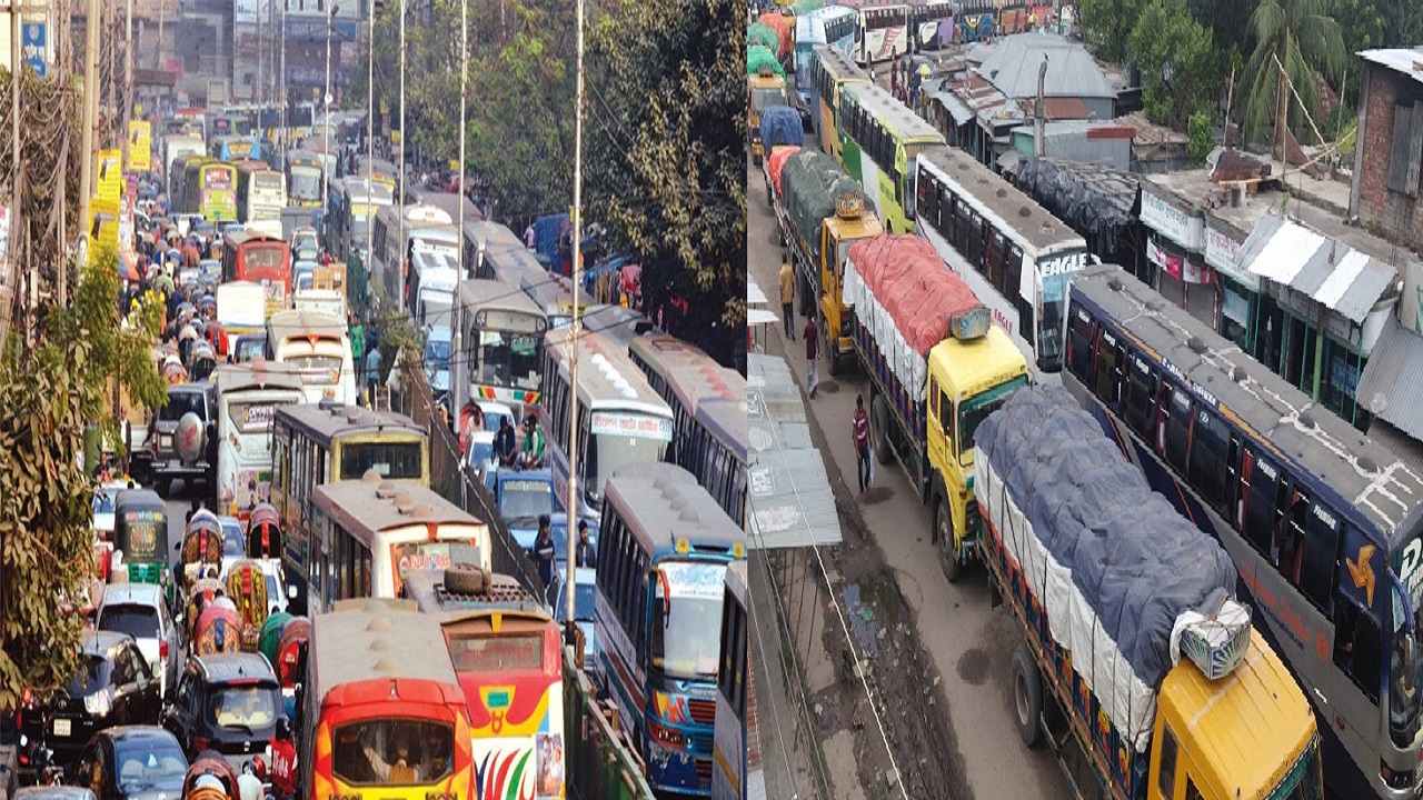 ঈদ যাত্রায় মহাসড়কে তীব্র যানজট, প্রধান দুই ফেরিঘাটেও যানবাহনের দীর্ঘসারি