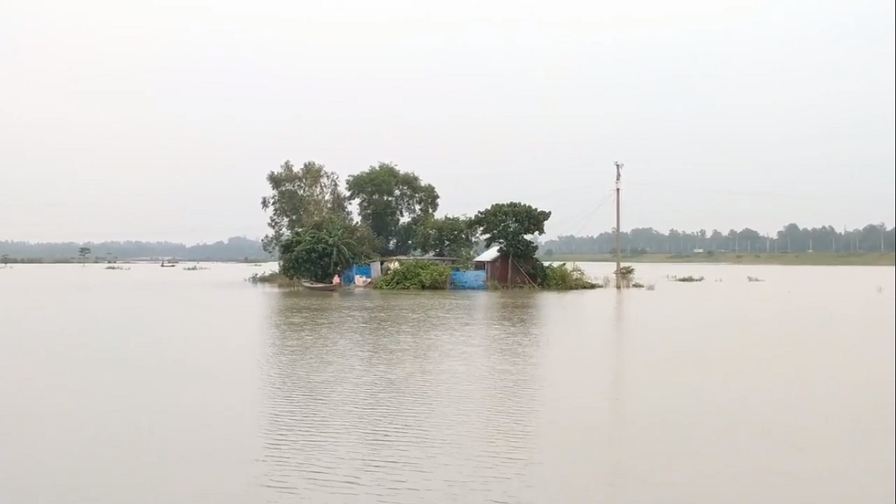 উজানের ঢলে নদীর পানি বেড়ে প্লাবিত হচ্ছে নিচু এলাকা